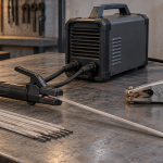 AI-generated editorial illustration of stick welder.