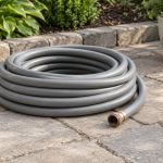 Coiled garden hose with a metal coupling