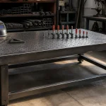 Steel welding table with fixture holes, clamps, squares and a welding helmet