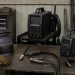 Portable welding and plasma-cutting equipment beside a welding helmet and leather gloves